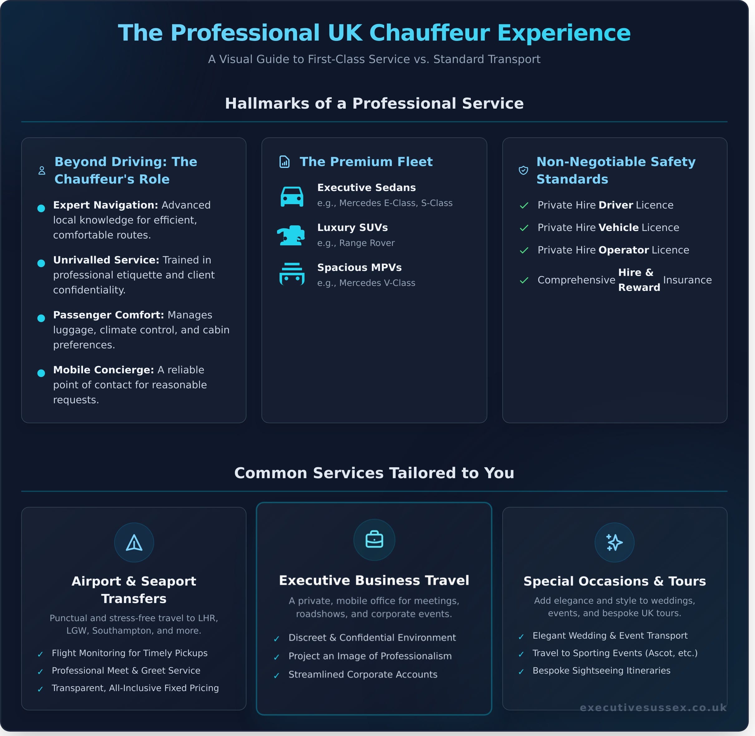 UK Chauffeur Hire: What to Expect for Your First-Class Journey - Infographic